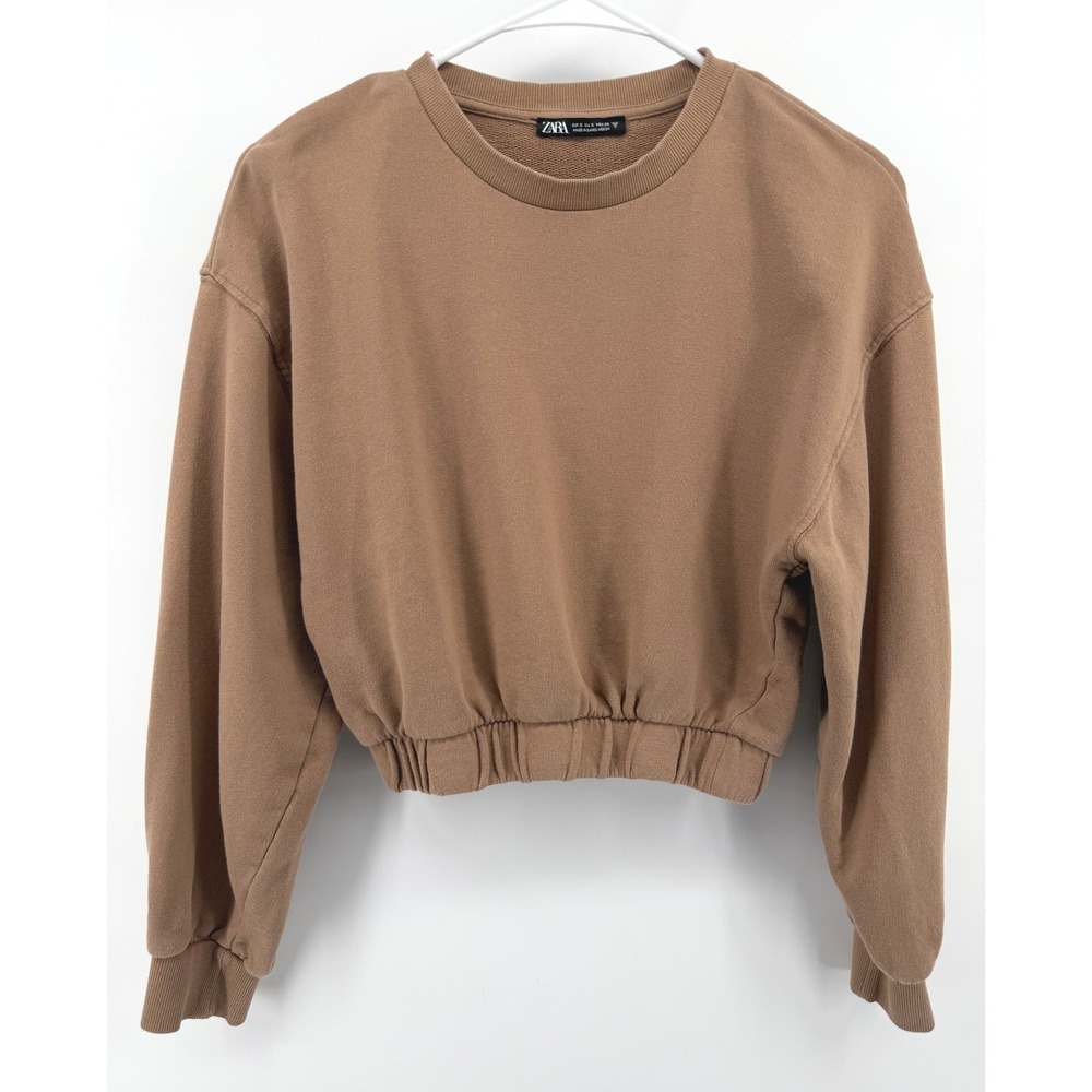 Zara Sweatshirt Brown Cropped Elastic Hem Crewneck Pullover Preppy Cute Women S